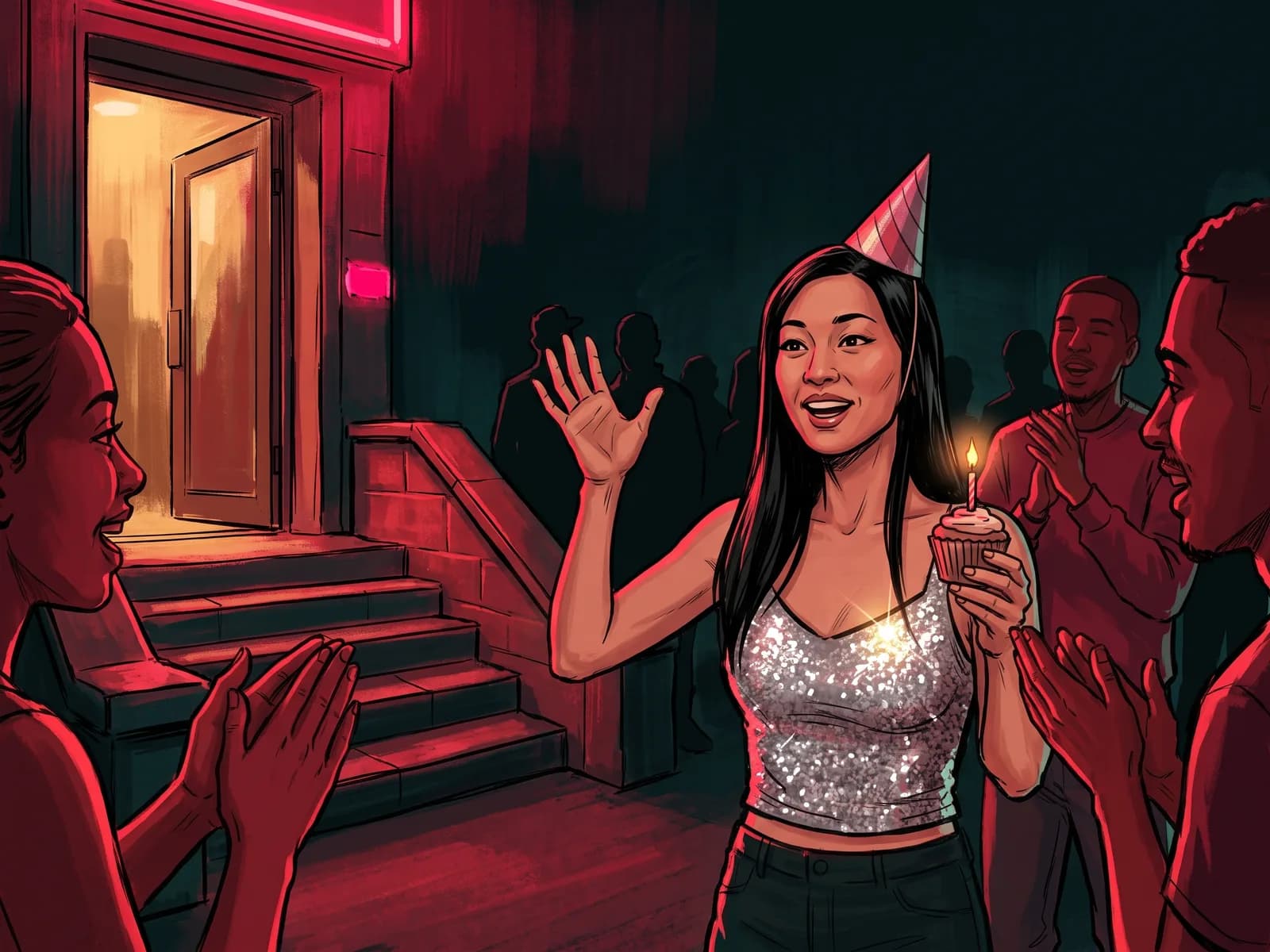 Illustration of a woman in a party hat freestyling under red light while friends cheer, holding a cupcake with a candle.
