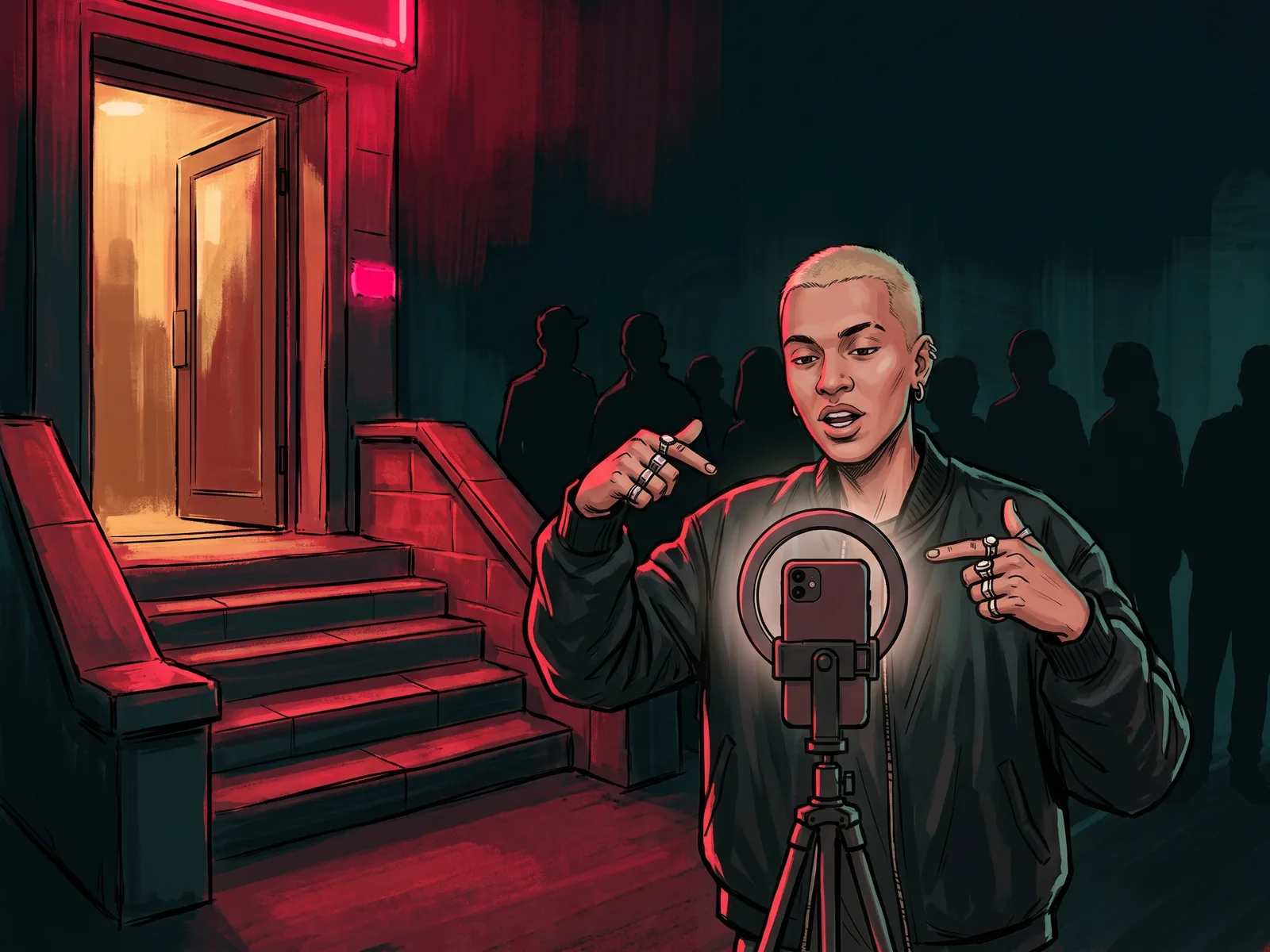 Illustration of a creator filming themself with a phone on a small tripod, mid-rap, on a red-lit night street.