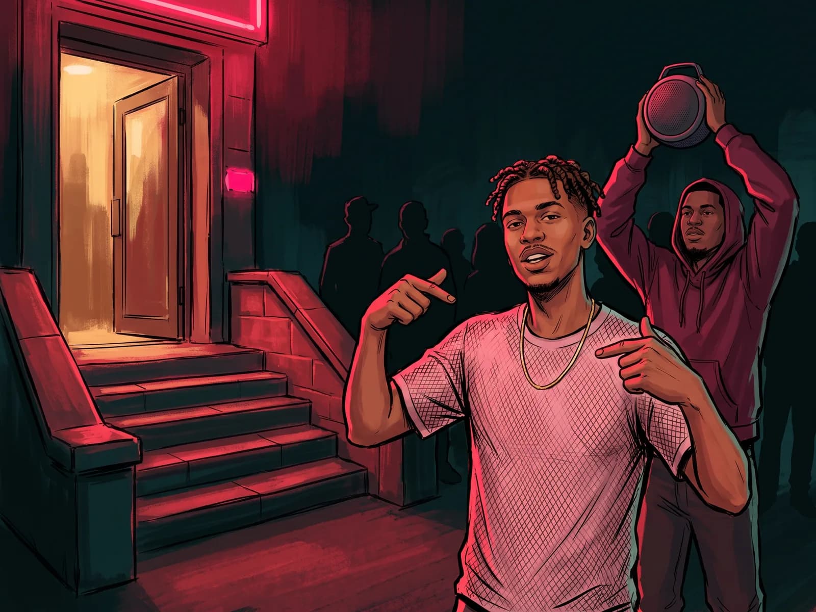 Illustration of a confident young man in a pink mesh shirt and gold chain rapping and pointing at himself on a red-lit street while a friend holds up a speaker.
