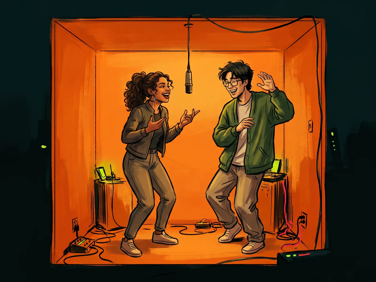Illustration of a laughing couple in the orange booth, one rapping and the other doing a silly dance.