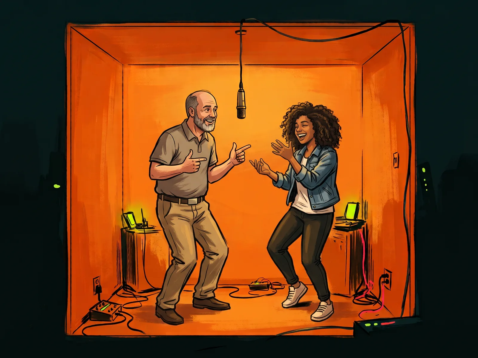 Illustration of a dad dancing awkwardly beside his adult daughter, who raps confidently into the hanging mic.
