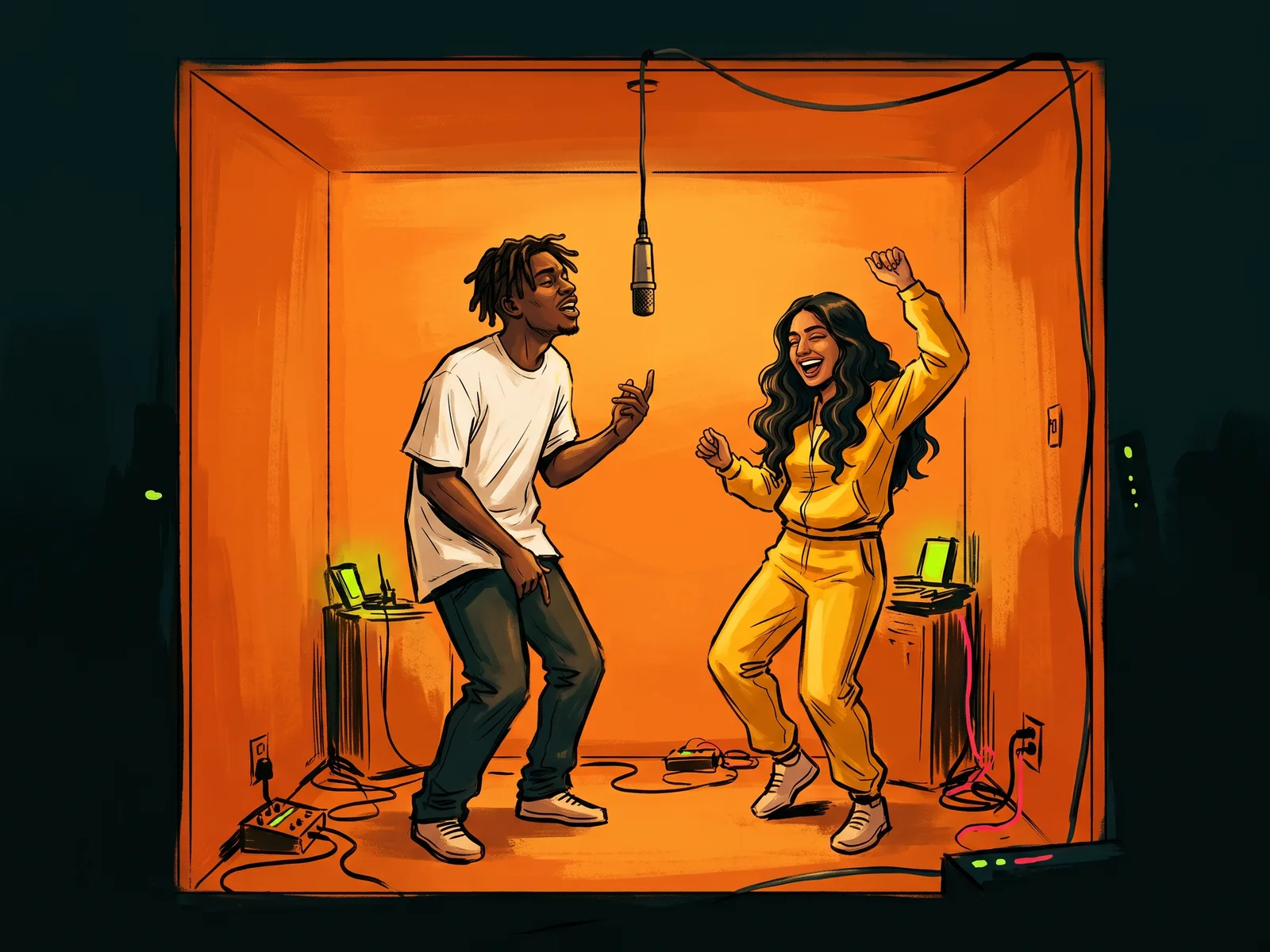 Illustration of two best friends in an orange studio booth, one rapping up at a dangling microphone as the other busts a move.