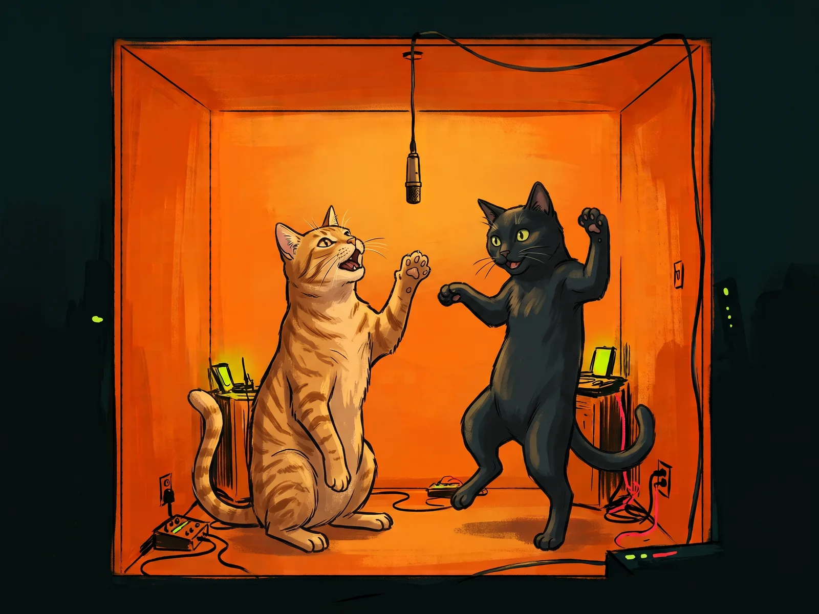 Illustration of a ginger tabby reaching toward a hanging microphone while a black cat dances on its hind legs in the orange booth.