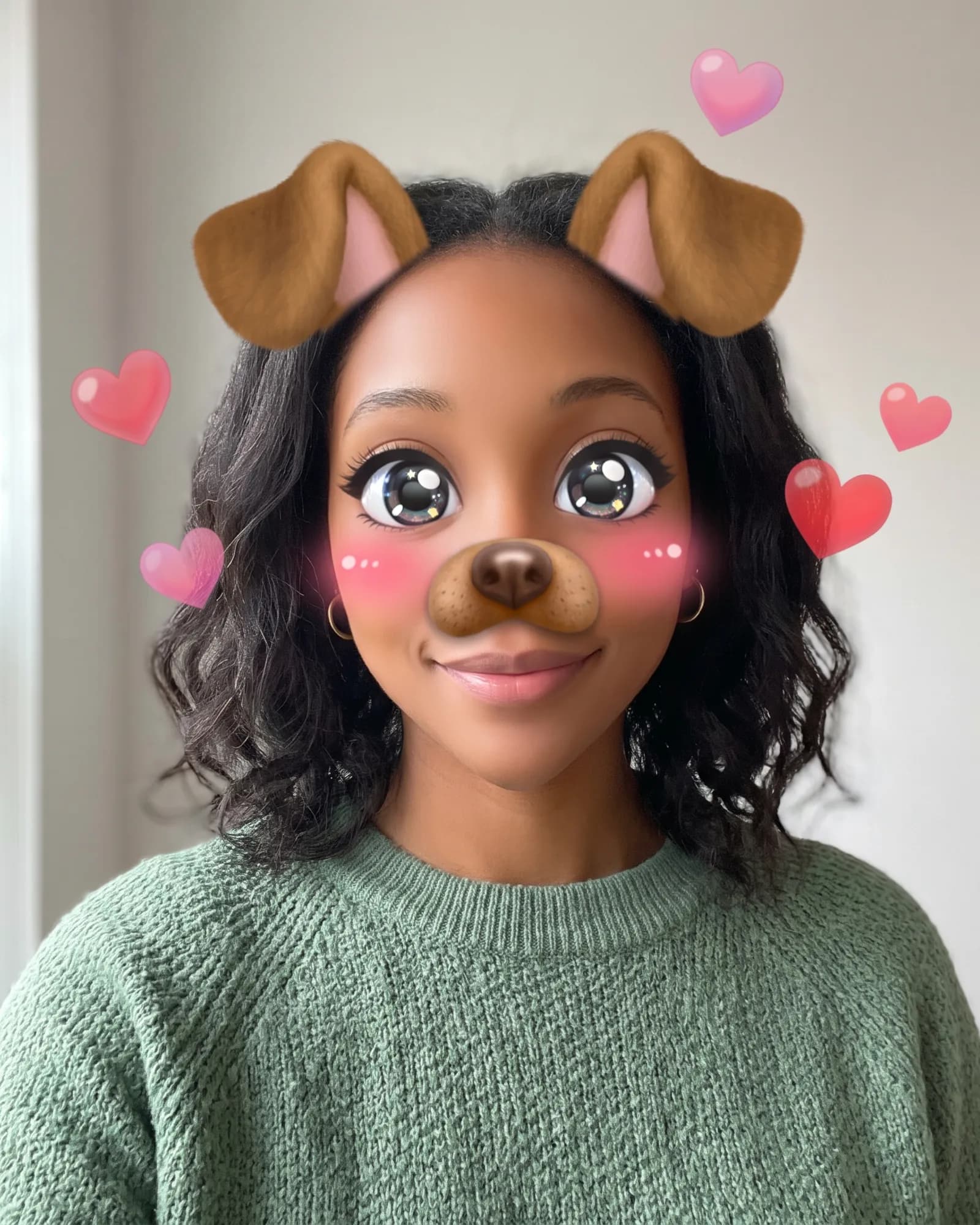 The same woman with an exaggerated beauty filter, oversized eyes and cartoon ear stickers.