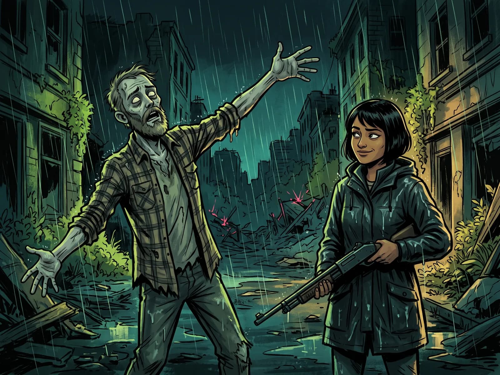 Illustration of a lanky bearded zombie in a torn plaid shirt flinging his arms wide in the rain while his partner, holding a shotgun pointed at the ground, watches him with a wry smile.