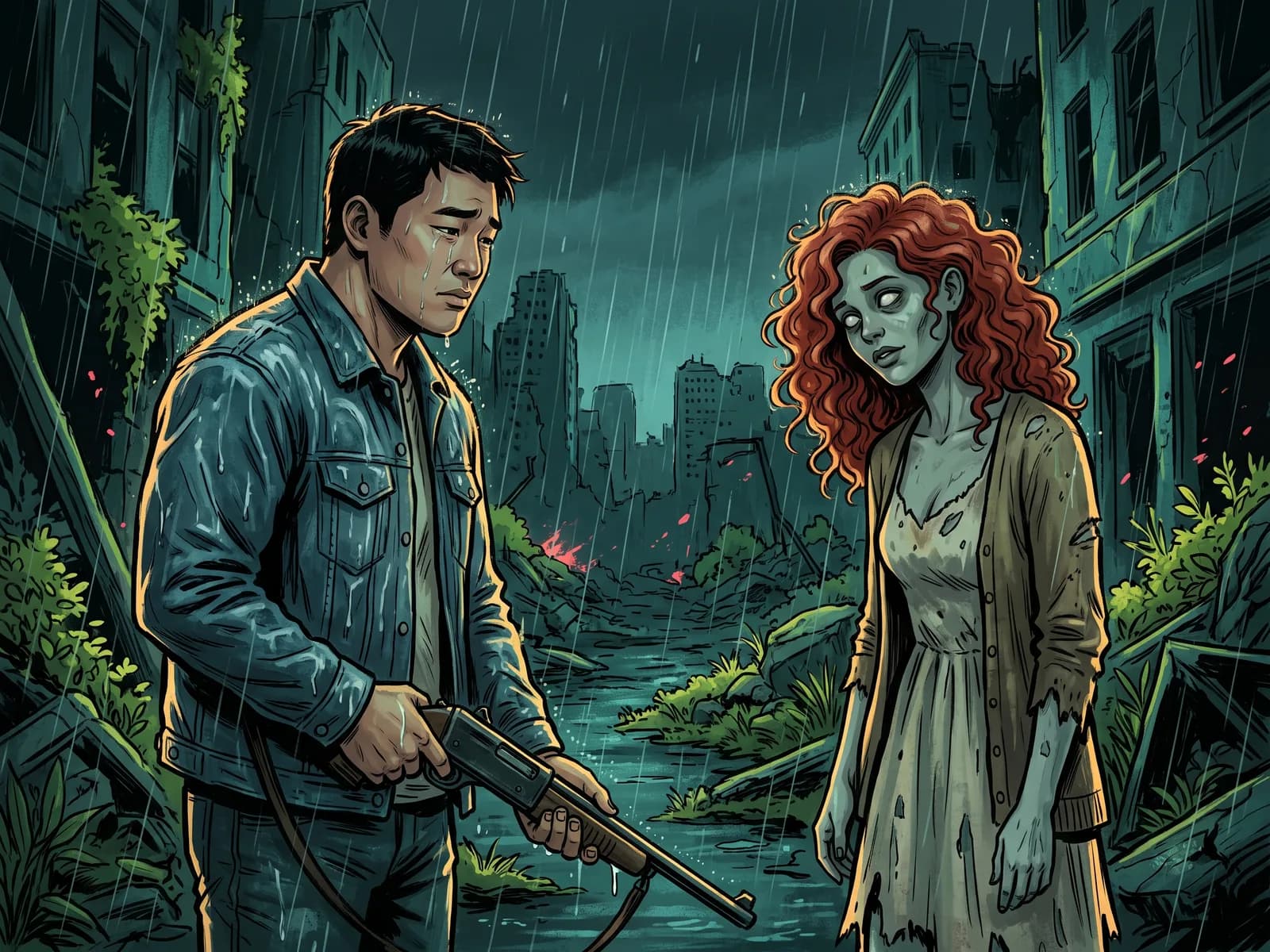 Illustration of a man in a soaked denim jacket crying as he lowers his rifle toward his red-haired zombie girlfriend, who tilts her head in the rain.