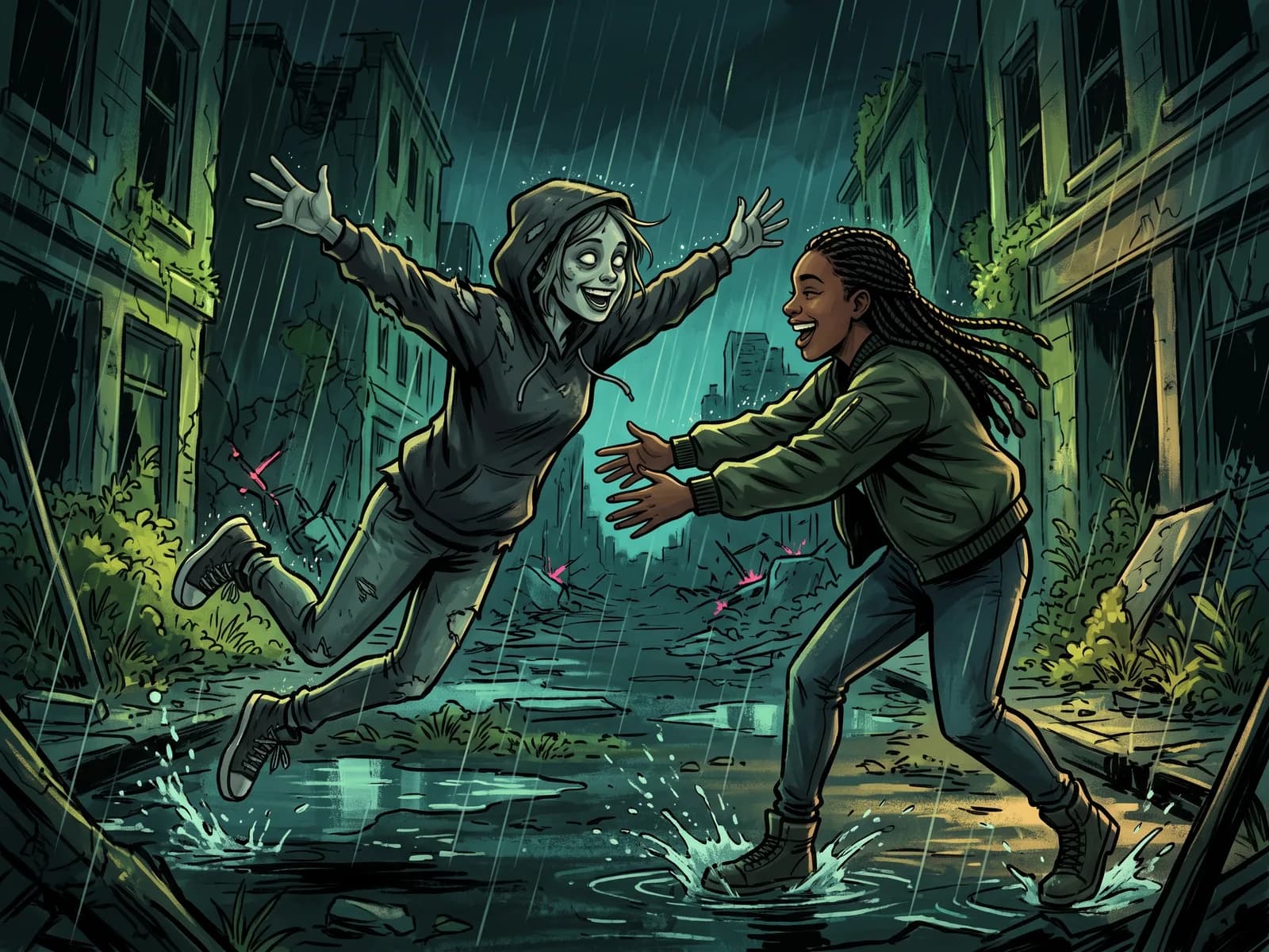 Illustration of a goofy zombie friend mid-leap into the arms of their best friend on a rainy street.