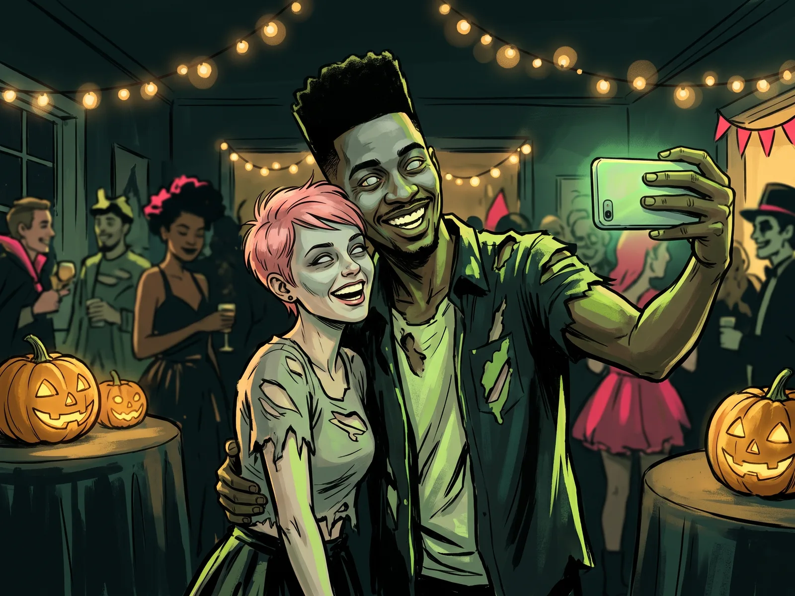 Illustration of a couple in light zombie make-up filming a selfie video at a Halloween party with pumpkins and string lights.