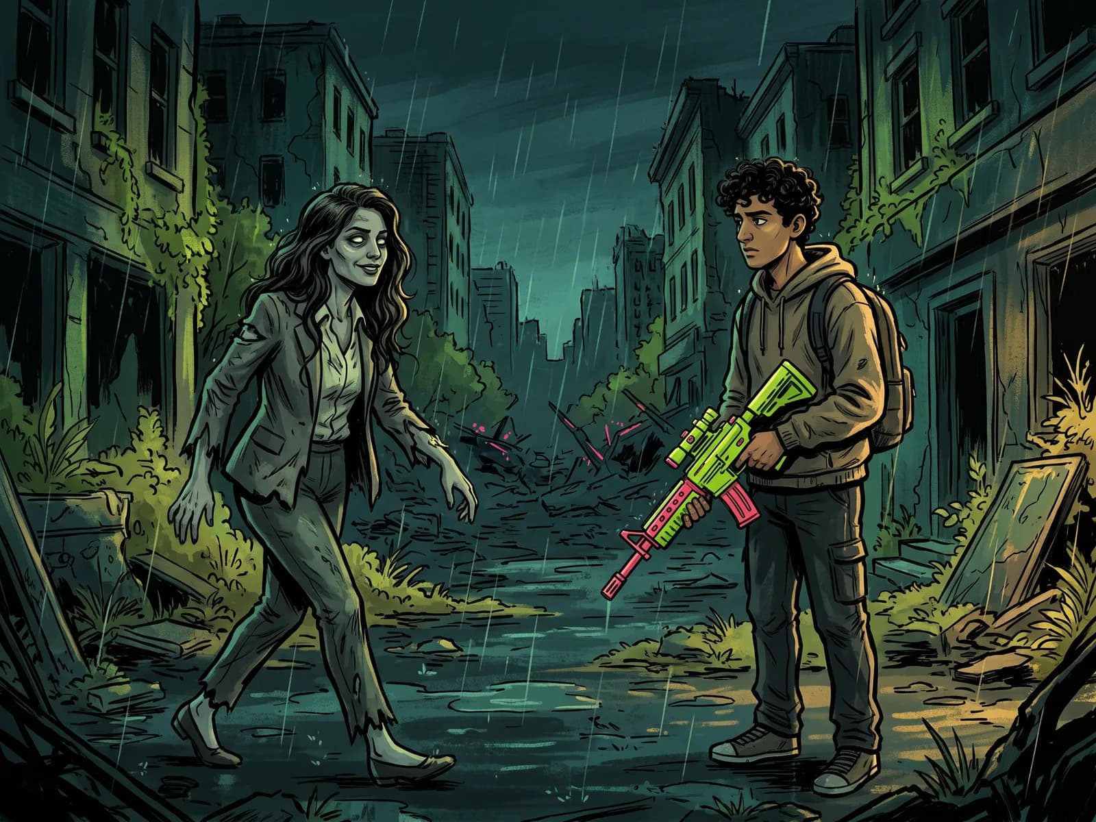 Illustration of a smug older sister as a zombie walking toward her younger brother, who holds a neon toy blaster and looks unimpressed.
